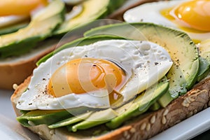 closeup of an openface sandwich with sliced avocado and egg