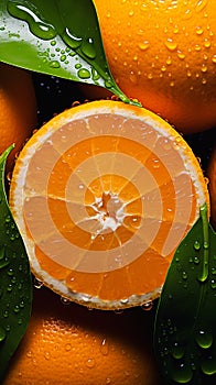 Closeup of an orange with deep droplets, split in half on a bar