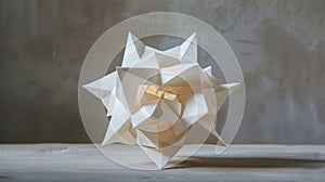 A closeup of an origami geometric shape flawlessly folded with precise creases and angles using paper of different sizes