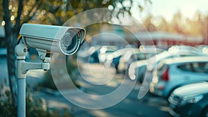 Closeup outdoor CCTV camera at a car parking lot, Security camera in car park