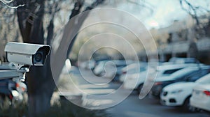 Closeup outdoor CCTV camera at a car parking lot, Security camera in car park