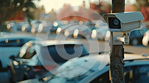 Closeup outdoor CCTV camera at a car parking lot, Security camera in car park