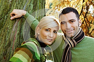 Closeup outdoors portrait of young couple