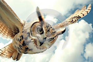 closeup of owl midflight, eyes focused on camera, white clouds backdrop photo
