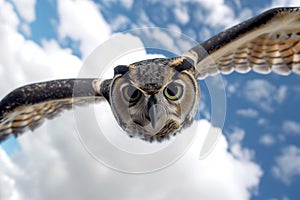 closeup of owl midflight, eyes focused on camera, white clouds backdrop photo