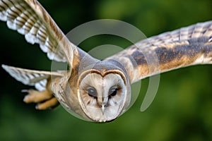 closeup, owl wings spread, eyes focused forward, midflight photo