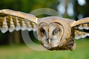 closeup, owl wings spread, eyes focused forward, midflight photo