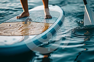 closeup of paddleboarders feet and paddle on board with ripples photo