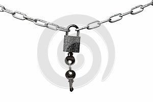 Padlock locking the chain with keys inserted isolated on white background