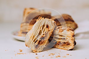 Closeup of Pain au chocolat pastry on a white background