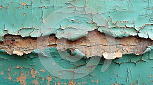 Closeup of paint peeling in the corners exposing glimpses of vibrant turquoise and dull beige underneath a visual photo