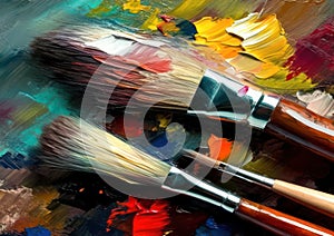 Closeup on paintbrushes on canvas or artist's palette covered with oil paints