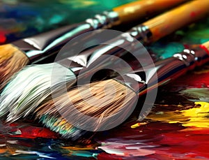 Closeup on paintbrushes on canvas or artist's palette covered with oil paints