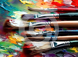 Closeup on paintbrushes on canvas or artist's palette covered with oil paints