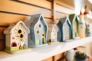 closeup of painted wooden birdhouses on a shelf