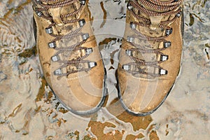 Closeup, pair of brown leather hiking boots