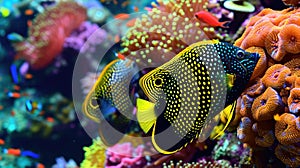 Closeup of a pair of delicate yellow and black angel fish darting through the water surrounded by a sea of colorful
