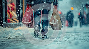 Closeup of a pair of feet walking on the snowy streets carrying bags of discounted items from multiple stores on Boxing