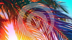 Closeup of a palm tree with sunlight filtering through its lush green leaves, AI-generated.
