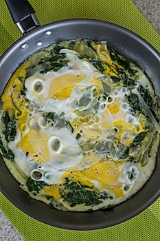 Closeup of pan with boiled eggs with spinach