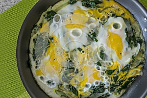 Closeup of pan with boiled eggs with spinach