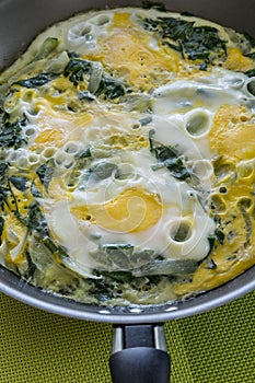 Closeup of pan with boiled eggs with spinach