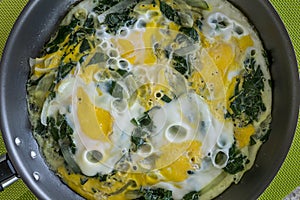 Closeup of pan with boiled eggs with spinach