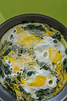 Closeup of pan with boiled eggs with spinach