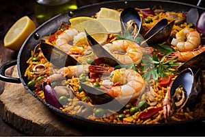 closeup of pan with spanish seafood paella