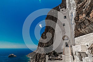 Closeup of the Panagia Hozoviotissa orthodox monastery in the Amorgos island, Greece