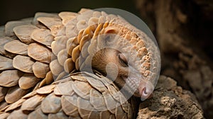 Closeup of a pangolins closed eyes and relaxed face while rolled up indicating a sense of safety and security in its photo