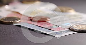 Closeup panning over Euro coins to five, ten and twenty Euro Banknotes, Money from Europe with safety features