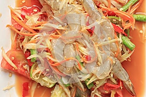 Closeup papaya salad with fresh shrimp of thai foods, SOMTUM.