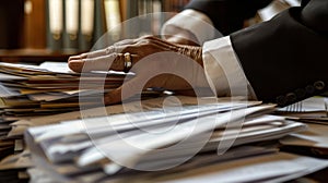 A closeup of a paralegals hands as they carefully organize and review stacks of documents ensuring everything is in