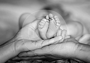 Closeup of parents hands holding newborn baby feet with wedding rings. The concept of the family. Black and white.