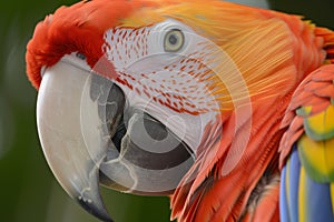 closeup of a parrots head, detailing vibrant plumes and sharp beak