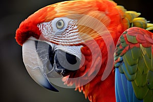 closeup of a parrots head, detailing vibrant plumes and sharp beak