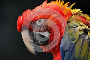 closeup of a parrots head, detailing vibrant plumes and sharp beak