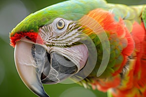 closeup of a parrots head, detailing vibrant plumes and sharp beak