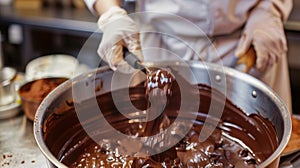 Closeup of a participant carefully tempering chocolate over a pot of hot water ensuring a glossy and smooth texture photo