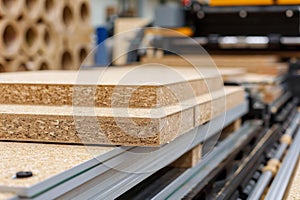Closeup of particleboard sheets in workshop