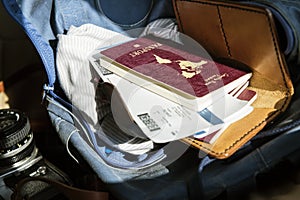 Closeup of passport and boarding pass