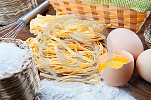 Closeup pasta, eggs, flour and salt