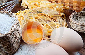 Closeup pasta, eggs and flour