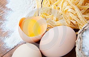 Closeup pasta, eggs, salt and flour