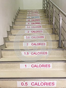 Closeup pattern of brown marble stone stairway with calories word to tell people know for promote exercise texture background