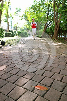 Closeup the paving path in the park with blurry jogging woman in afar