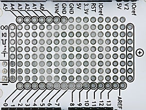 Closeup PCB template, empty mounting holes and markups, gray color