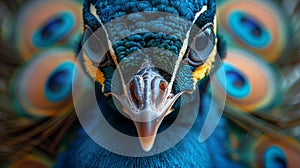 Closeup of a Peacocks Electric blue head with spreadout feathers