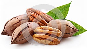 Closeup Pecans with leaves isolate on White background
